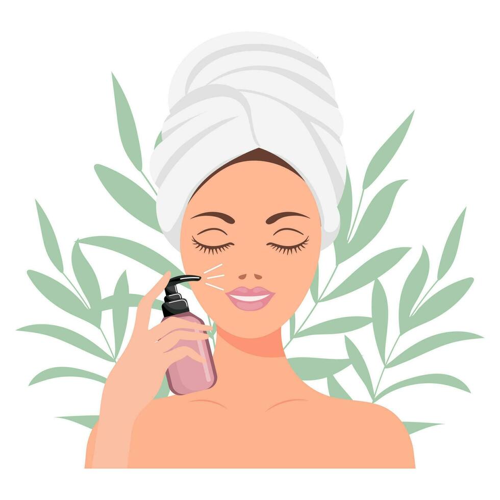 Facial skin care. A woman takes care of her skin. Cosmetic masks, patches, cream, lotion, soap, face scrub. Illustration, vector