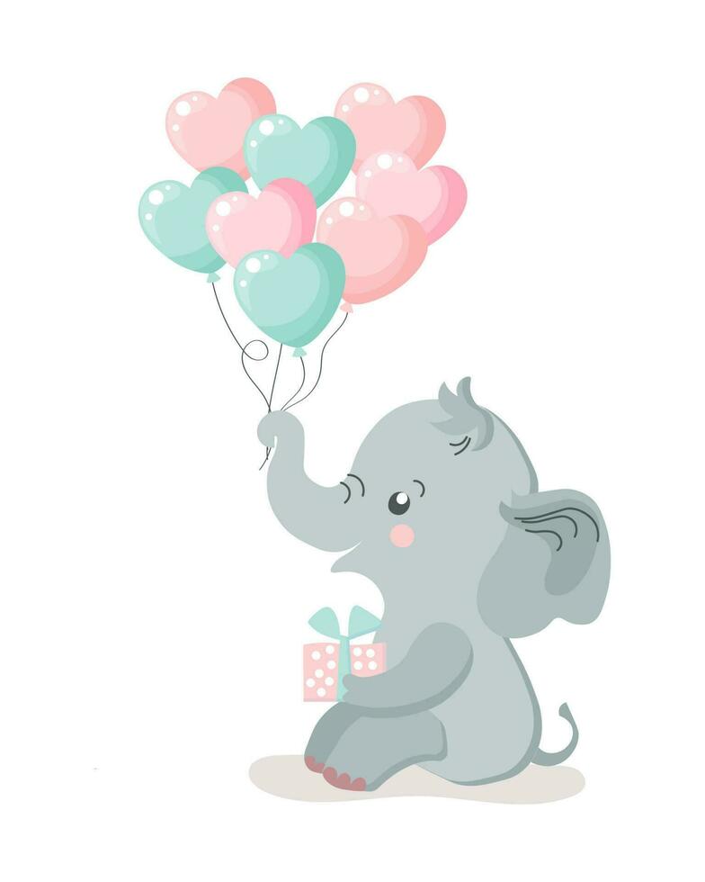 Cute baby elephant character with heart shaped balloons. Happy birthday card, kids illustration, vector