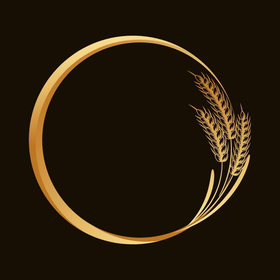 Spikelets of wheat, rye, barley, round frame. Gold badge, elegant design, vector