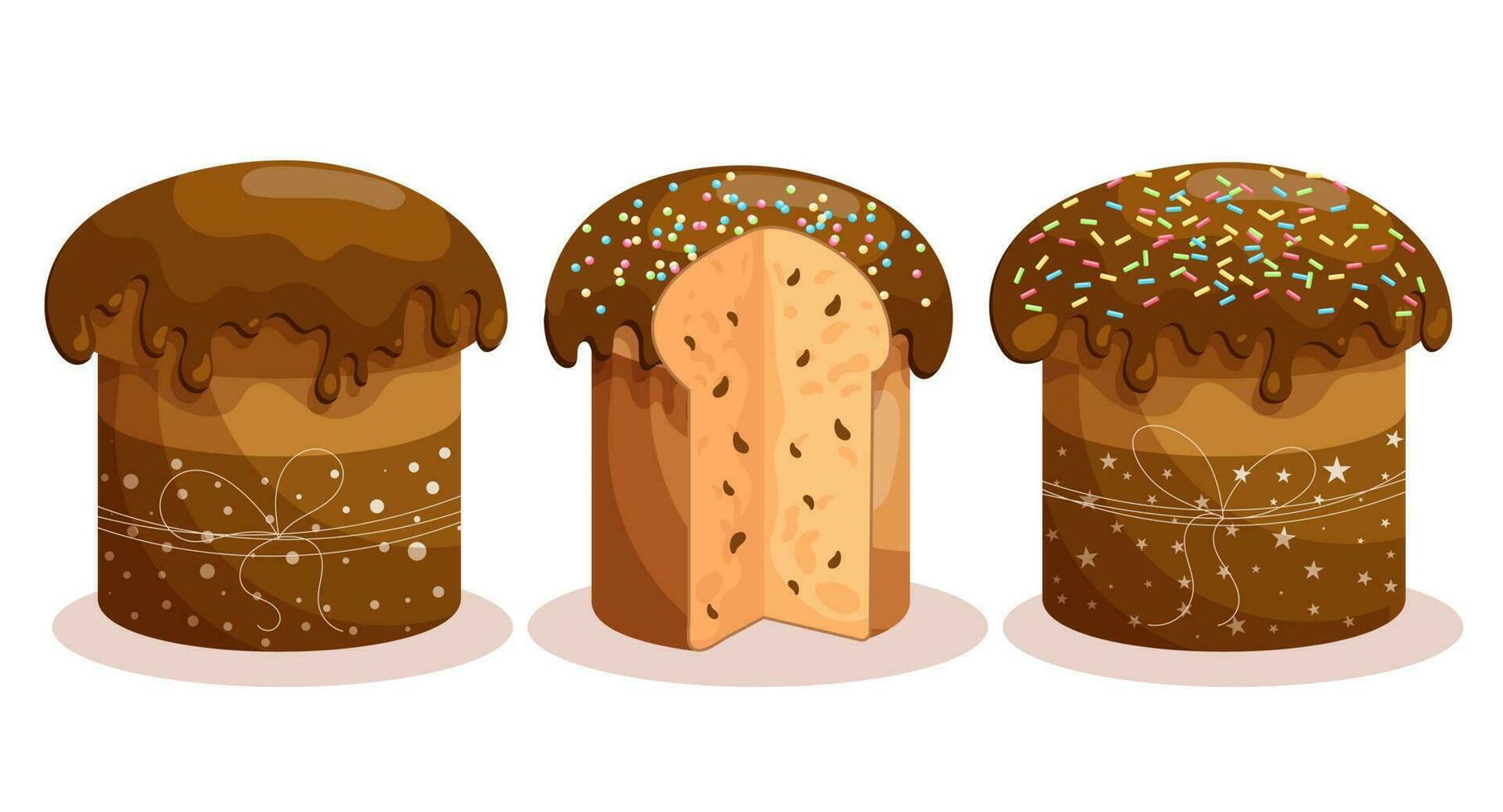 Easter cake set. Cakes with icing, whole and sliced. Easter icons, decor elements, vector