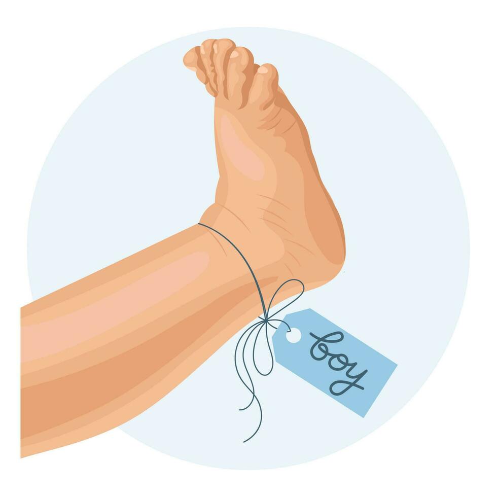 Baby foot with blue label tag boy. Icon, logo, illustration for newborns. Pastel colors, vector