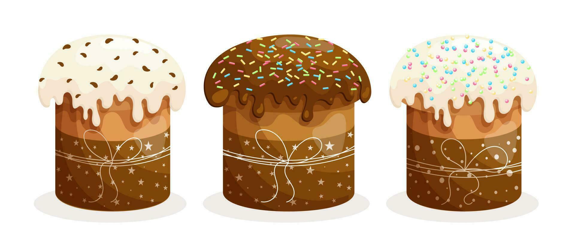 Easter cake set. Easter cakes with icing decorated with confectionery sweets. Easter icons, decor elements, vector