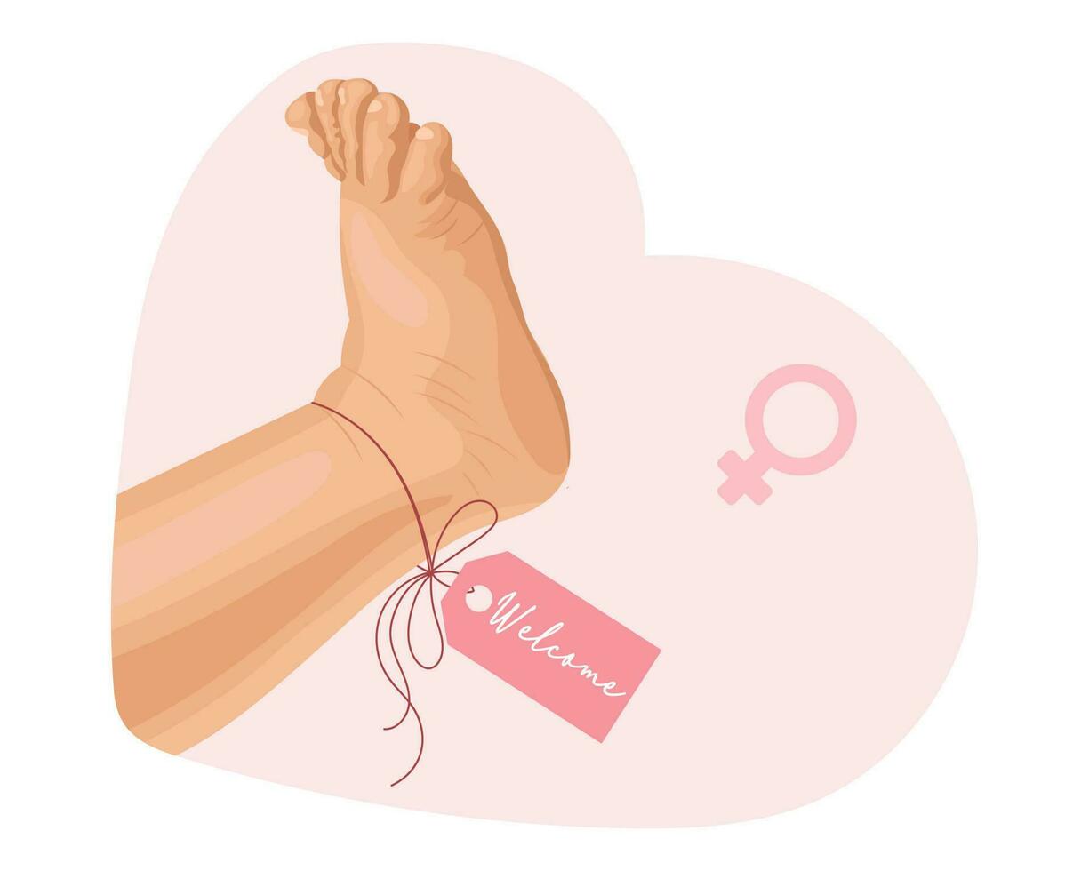 Babygirl foot with pink label Welcome. Icon, logo, illustration for newborns. Pastel colors, vector