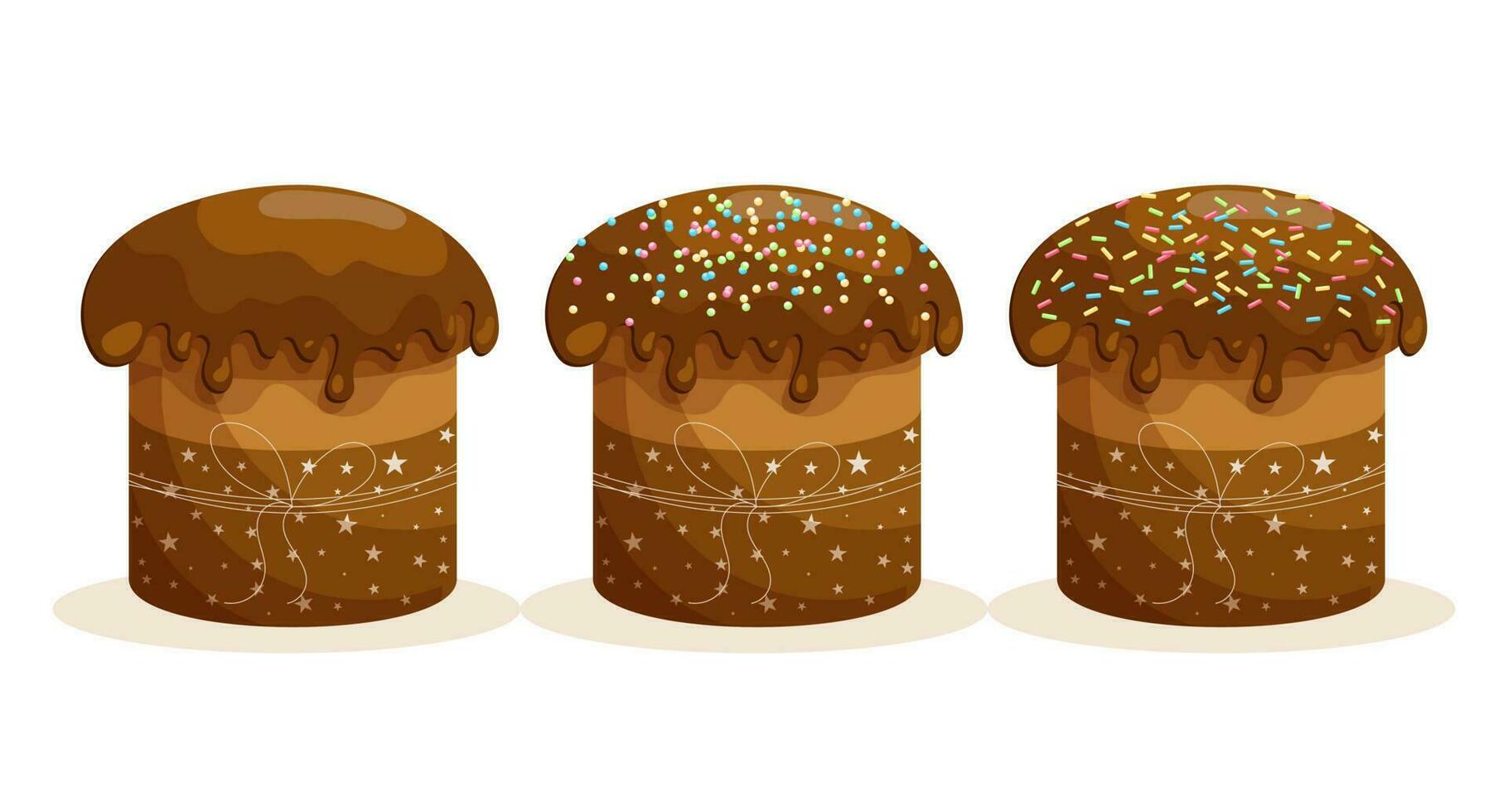 Easter cake set. Easter cakes with icing decorated with confectionery sweets. Easter icons, decor elements, vector
