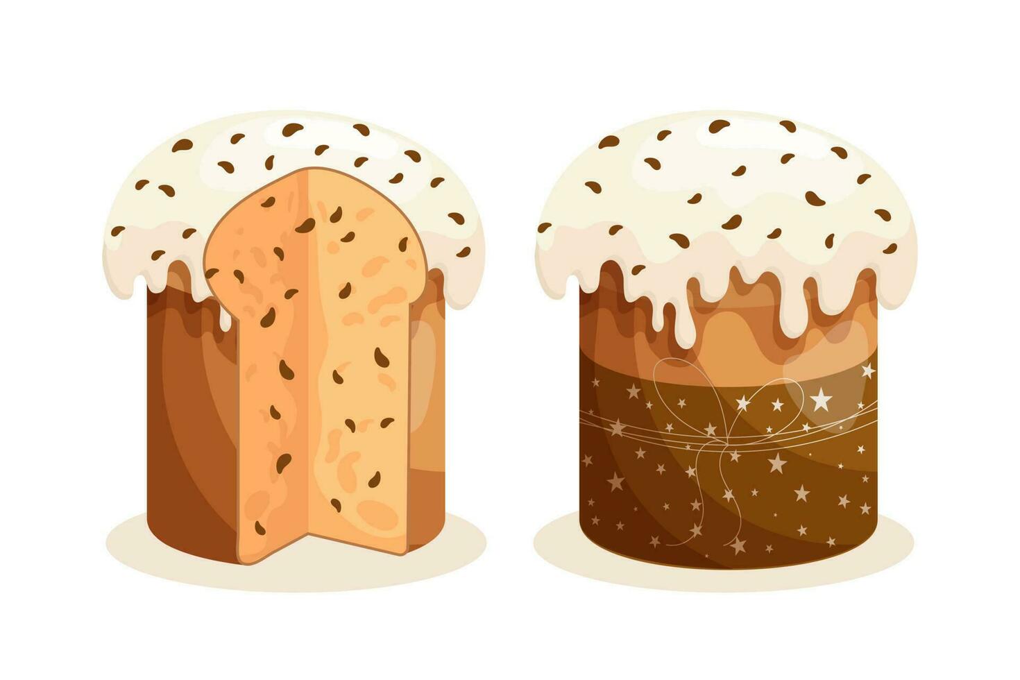 Easter cake set. Cakes with icing, whole and sliced. Easter icons, decor elements, vector