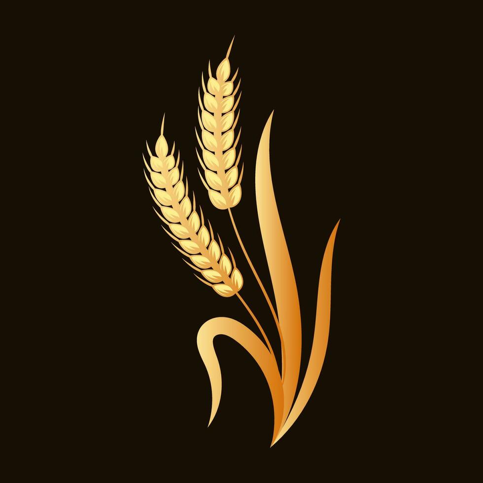 Spikelets of wheat, rye, barley. Golden badge on black background, elegant design, vector