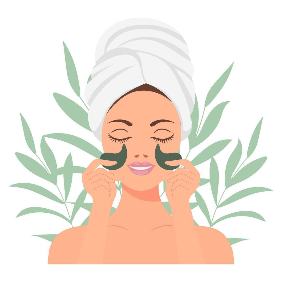 Facial skin care. A woman takes care of her skin. Cosmetic masks, patches, cream, lotion, soap, face scrub. Illustration, vector