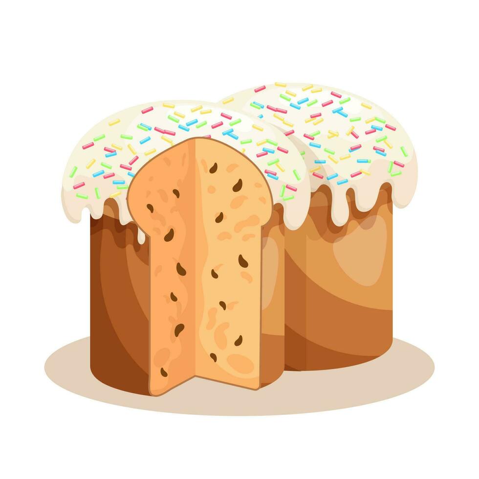 Easter cake set. Cakes with icing, whole and sliced. Easter icons, decor elements, vector