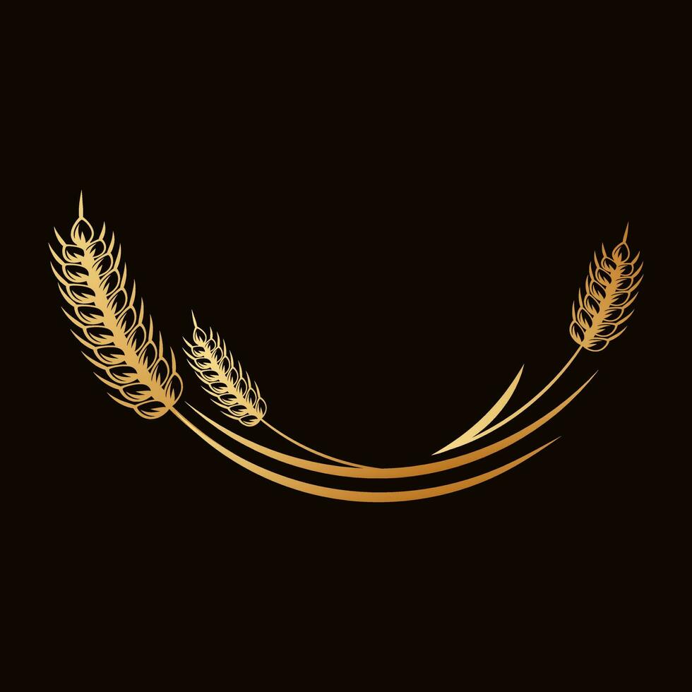 Spikelets of wheat, rye, barley. Golden badge on black background, elegant design, vector