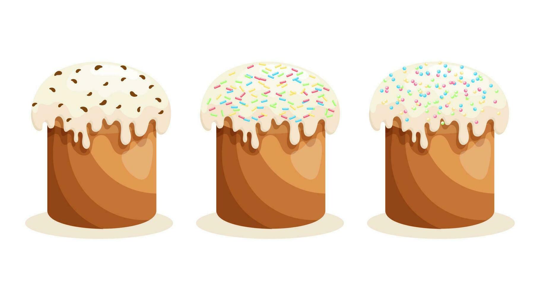 Easter cake set. Easter cakes with icing decorated with confectionery sweets. Easter icons, decor elements, vector