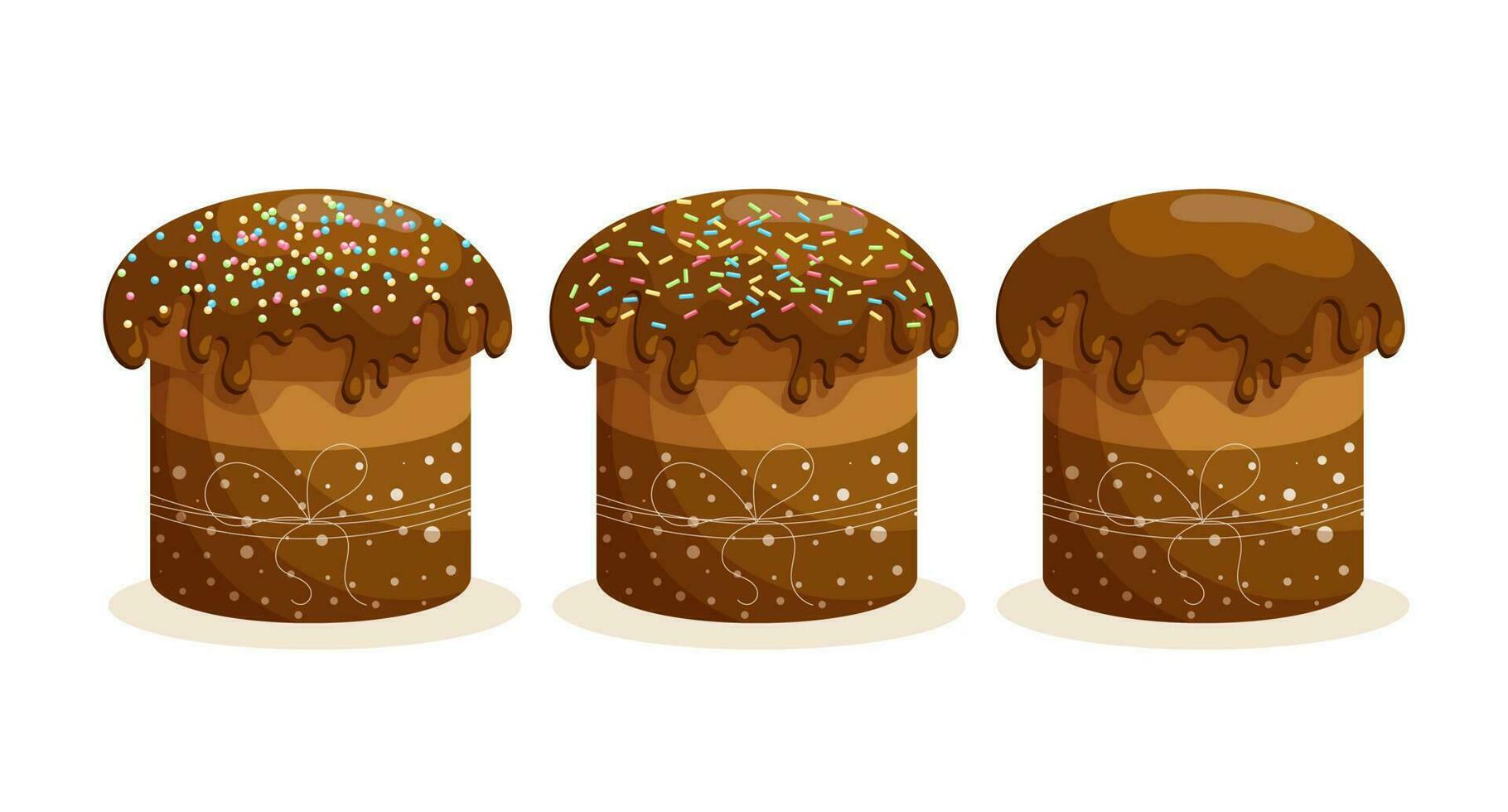 Easter cake set. Easter cakes with icing decorated with confectionery sweets. Easter icons, decor elements, vector
