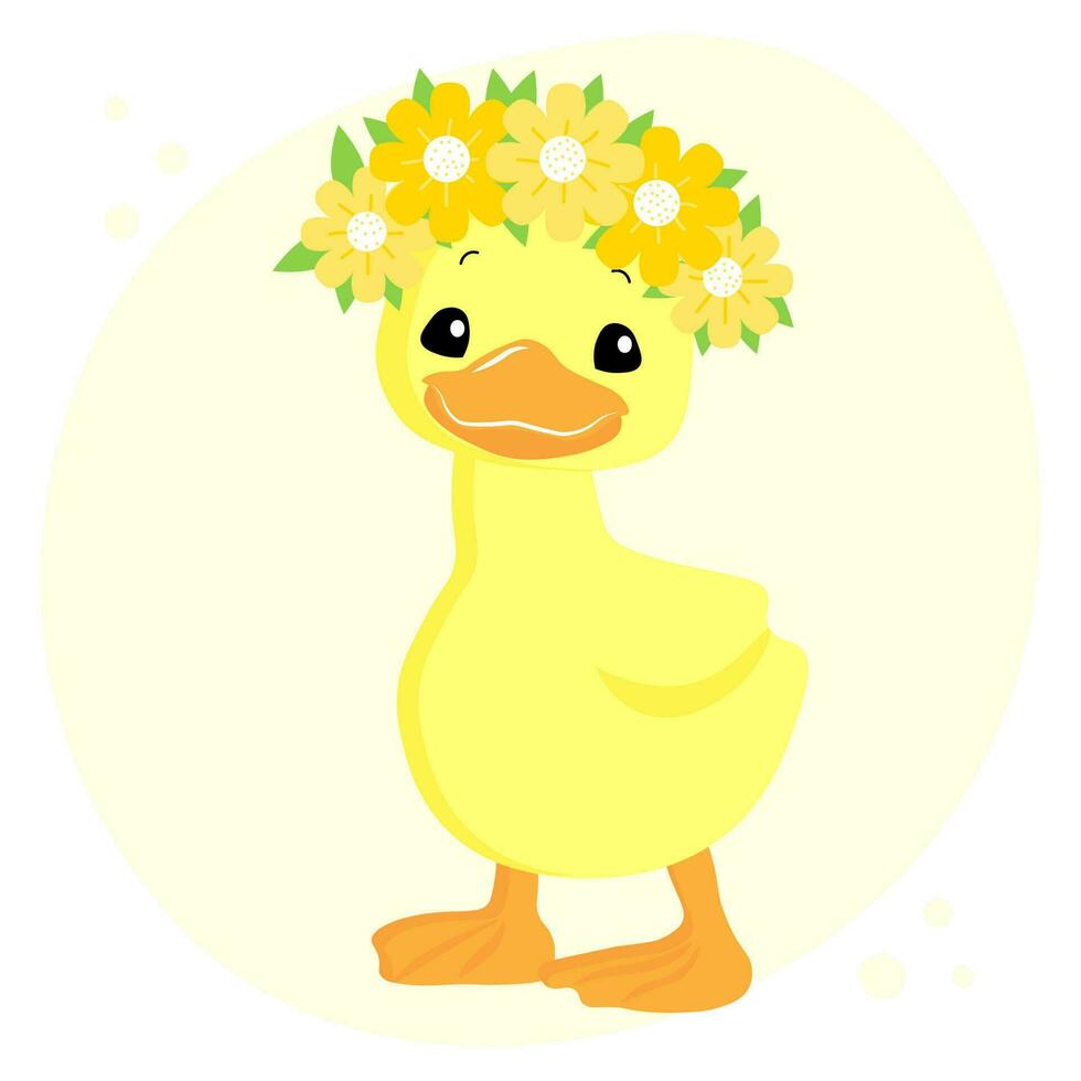 Cute duckling in a flower wreath. Cartoon baby illustration, print, vector