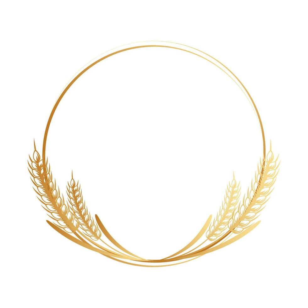 Spikelets of wheat, rye, barley, round frame. Golden icon, elegant design, vector