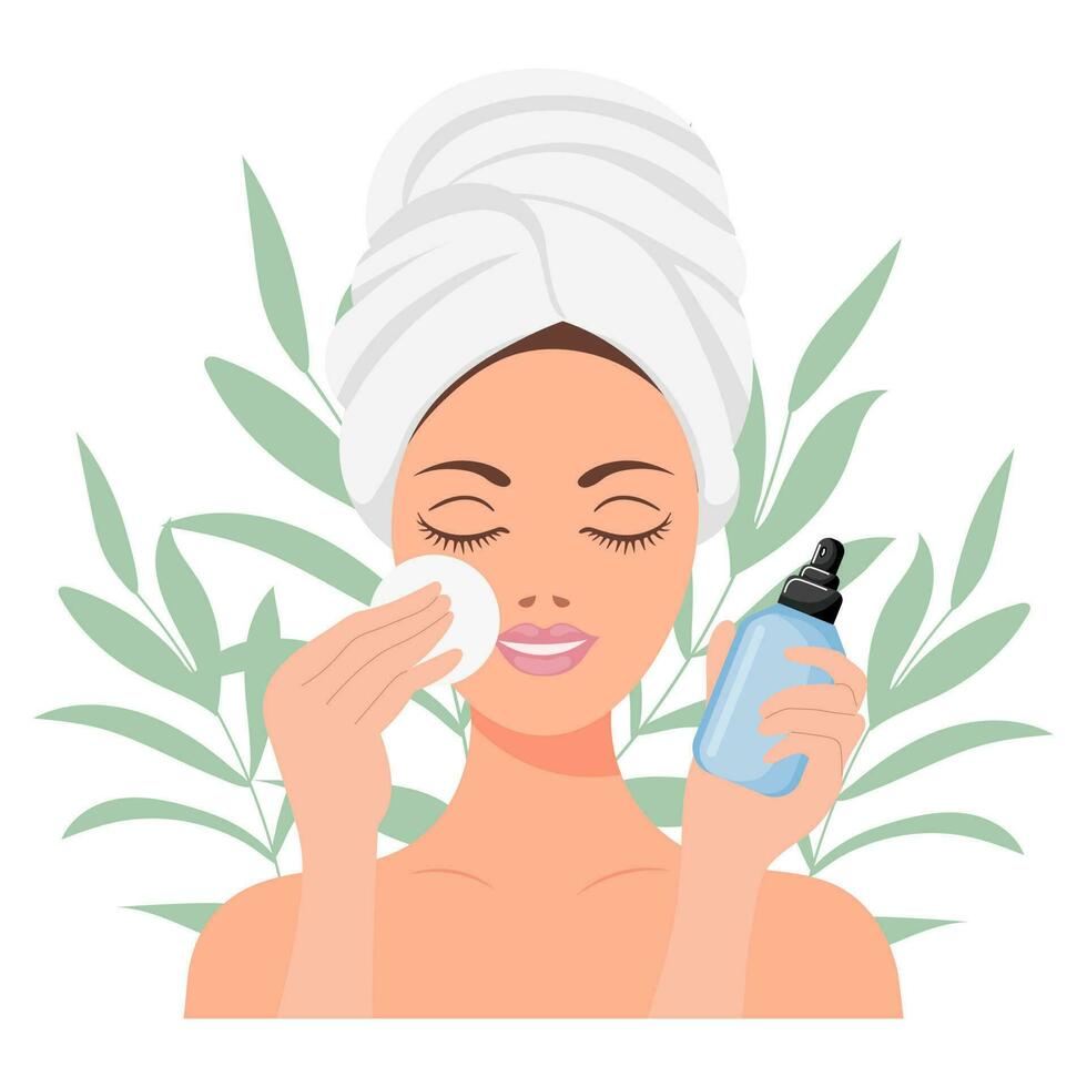 Facial skin care. A woman takes care of her skin. Cosmetic masks, patches, cream, lotion, soap, face scrub. Illustration, vector