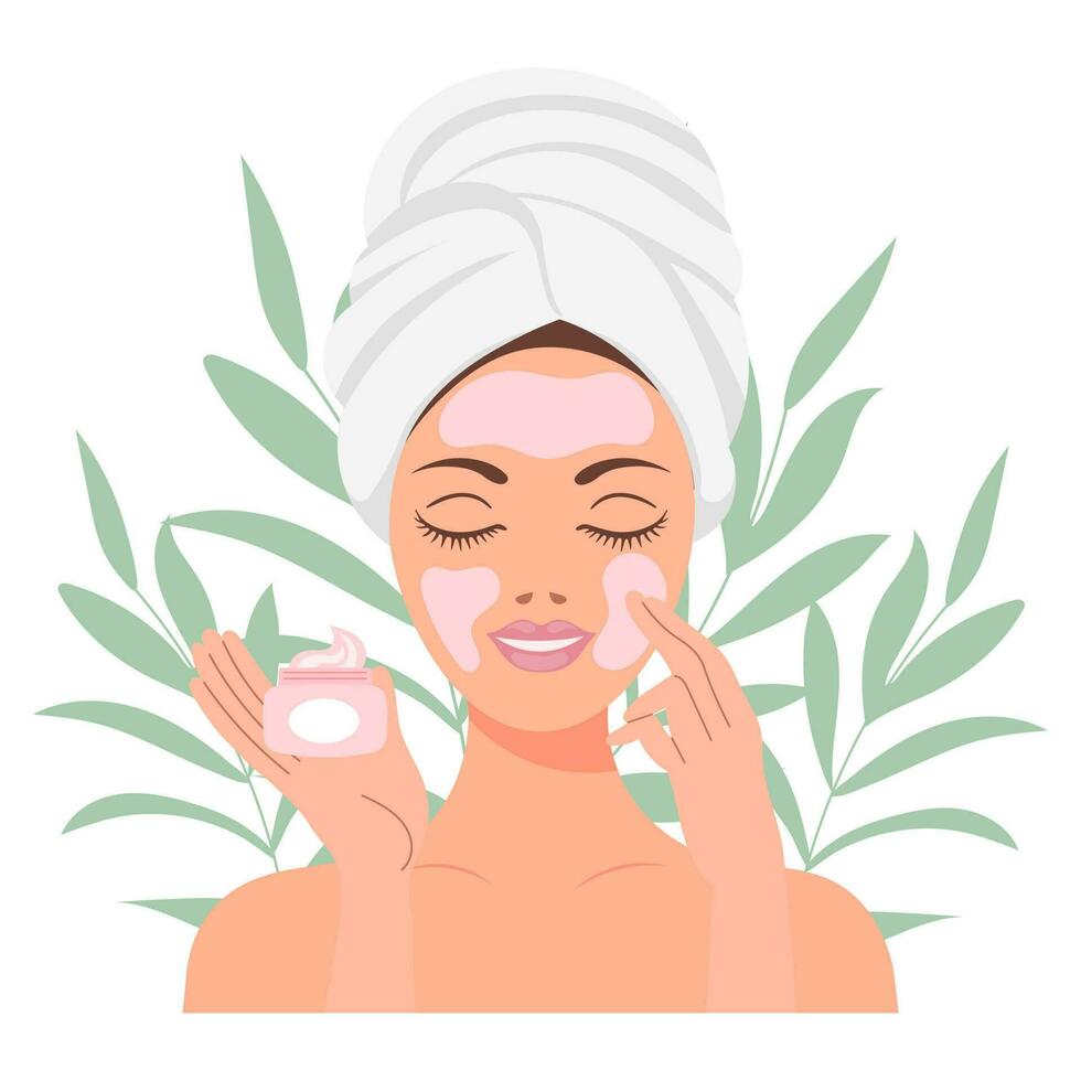 Facial skin care. A woman takes care of her skin. Cosmetic masks, patches, cream, lotion, soap, face scrub. Illustration, vector