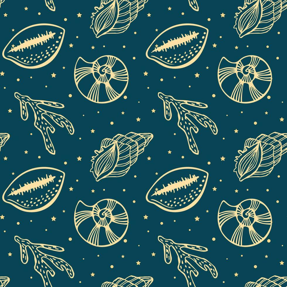 Seamless pattern of golden sea shells and corals on a blue background with stars. Mystical background, textile, vector