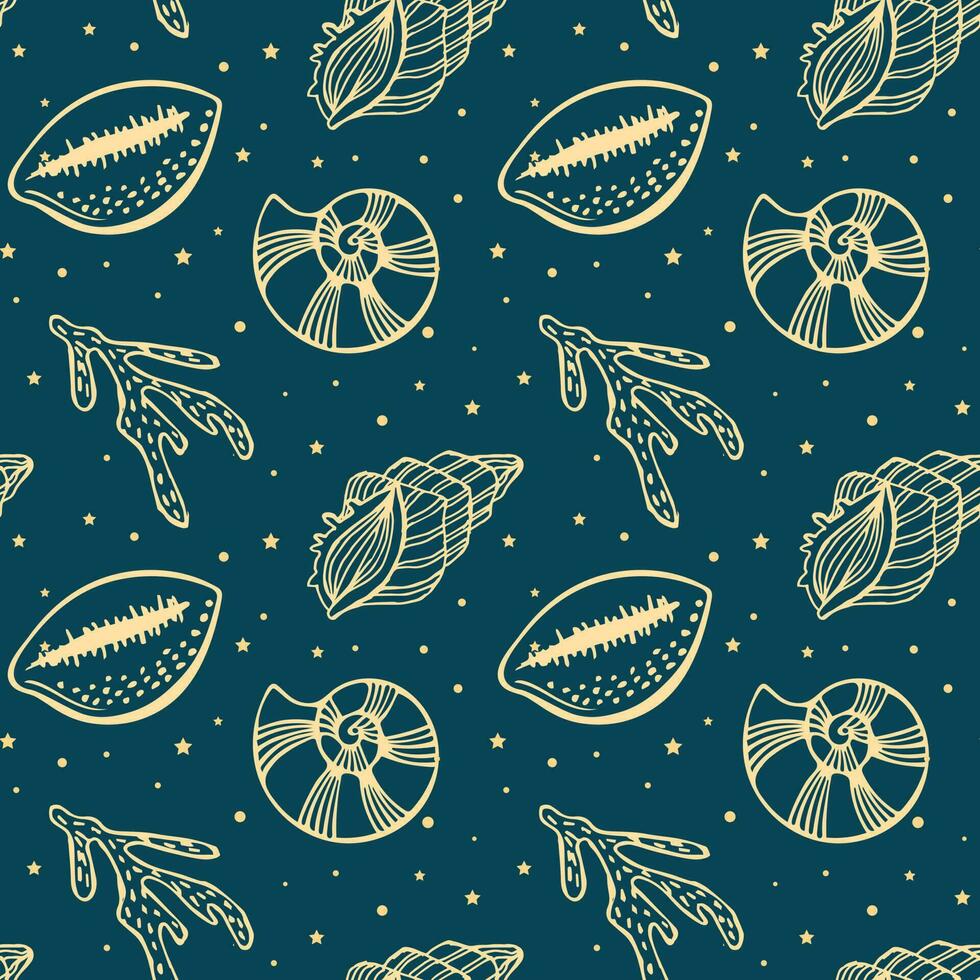 Seamless pattern of golden sea shells and corals on a blue background with stars. Mystical background, textile, vector