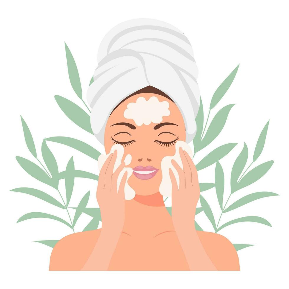 Facial skin care. A woman takes care of her skin. Cosmetic masks, patches, cream, lotion, soap, face scrub. Illustration, vector
