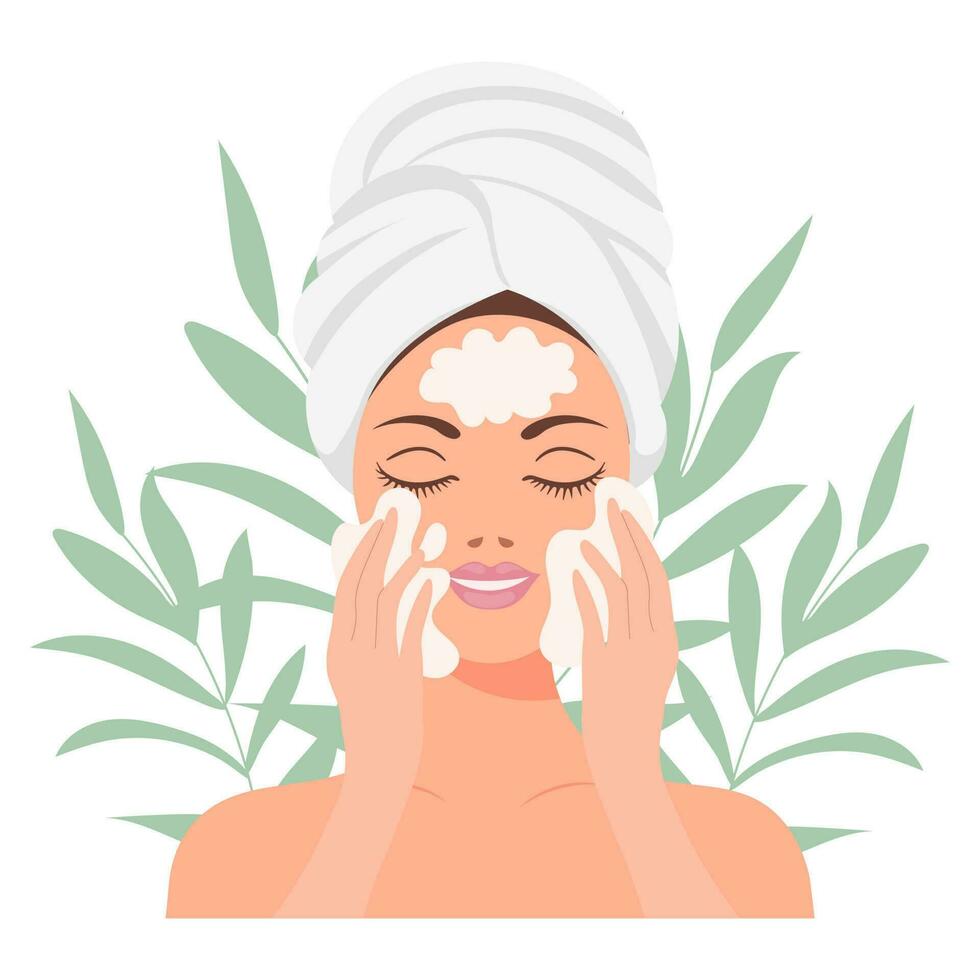 Facial skin care. A woman takes care of her skin. Cosmetic masks, patches, cream, lotion, soap, face scrub. Illustration, vector