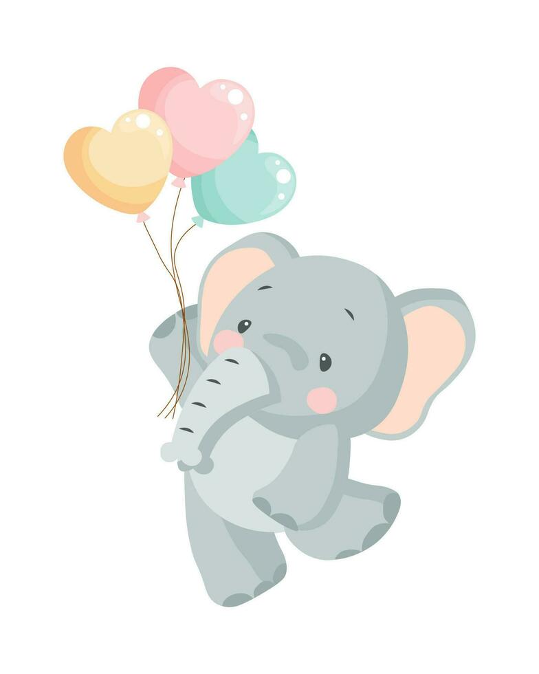 Cute baby elephant character with heart shaped balloons. Happy birthday card, kids illustration, vector