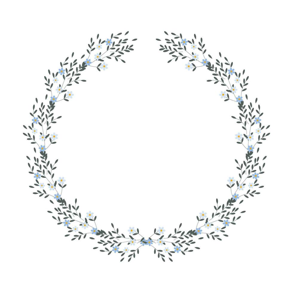 marco primaveral de flores pequeñas y hojas pequeñas dispersas. marco de pascua, ilustración de primavera, vector
