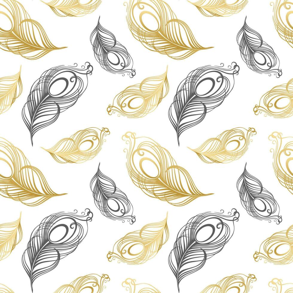 Seamless pattern, hand drawn peacock feathers on a white background. Background, print, elegant textile, vector