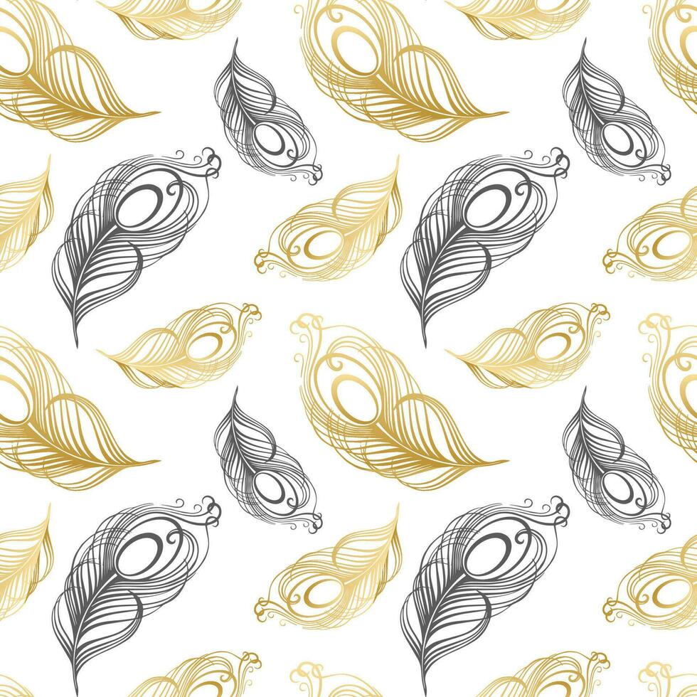 sin costura patrón, mano dibujado pavo real plumas en un blanco antecedentes. fondo, imprimir, elegante textil, vector