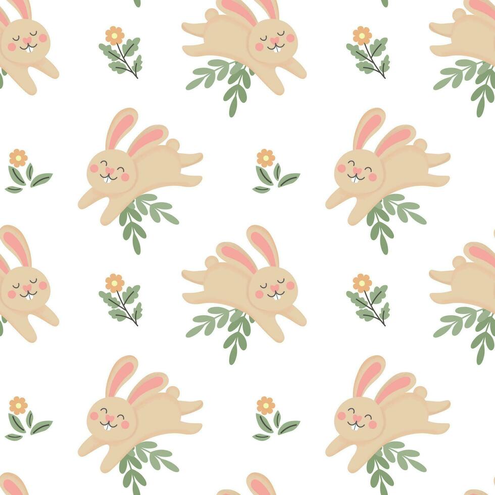 Seamless pattern, cute jumping Easter bunnies and flowers with leaves on a white background. Background in cartoon style, textile, vector