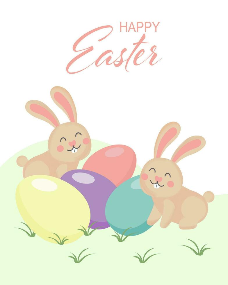 Cute Easter bunnies and Easter eggs in the meadow. Easter card, cartoon style illustration, vector