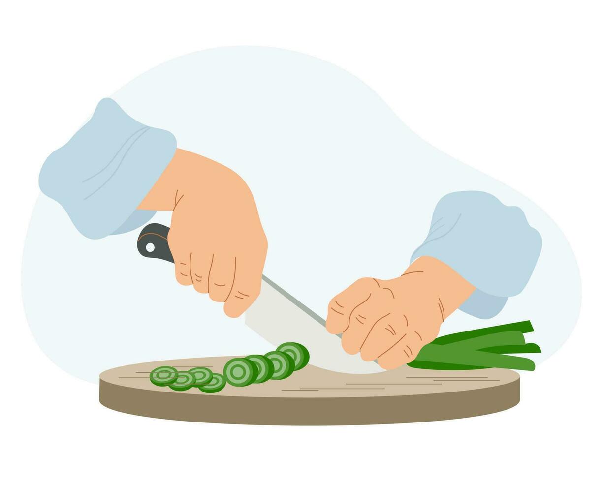 el trabajo de un cocinar en el cocina. ilustración de manos corte verde cebollas con un cuchillo. comida ilustración, vector. vector