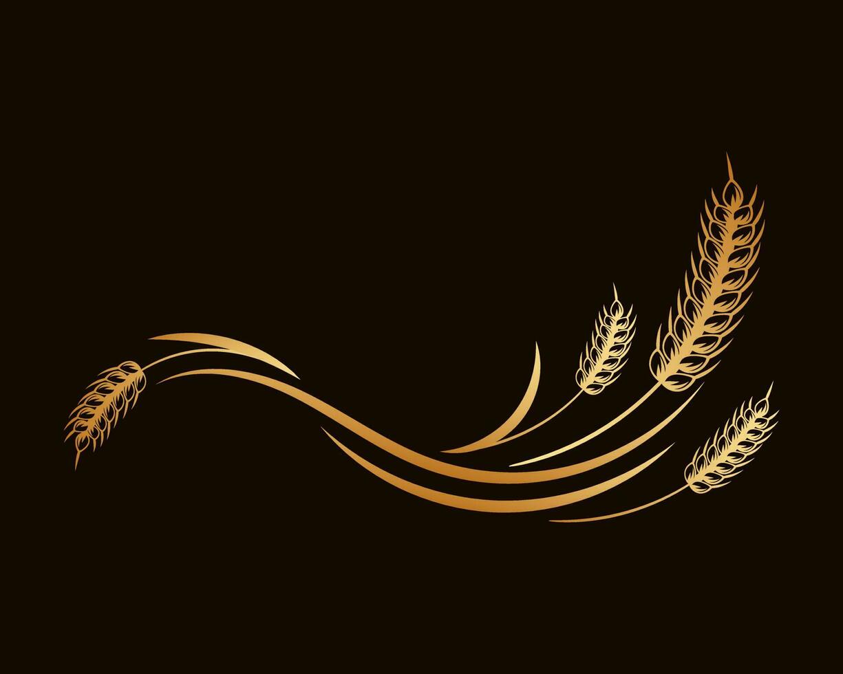 Spikelets of wheat, rye, barley. Golden badge on black background, elegant design, vector