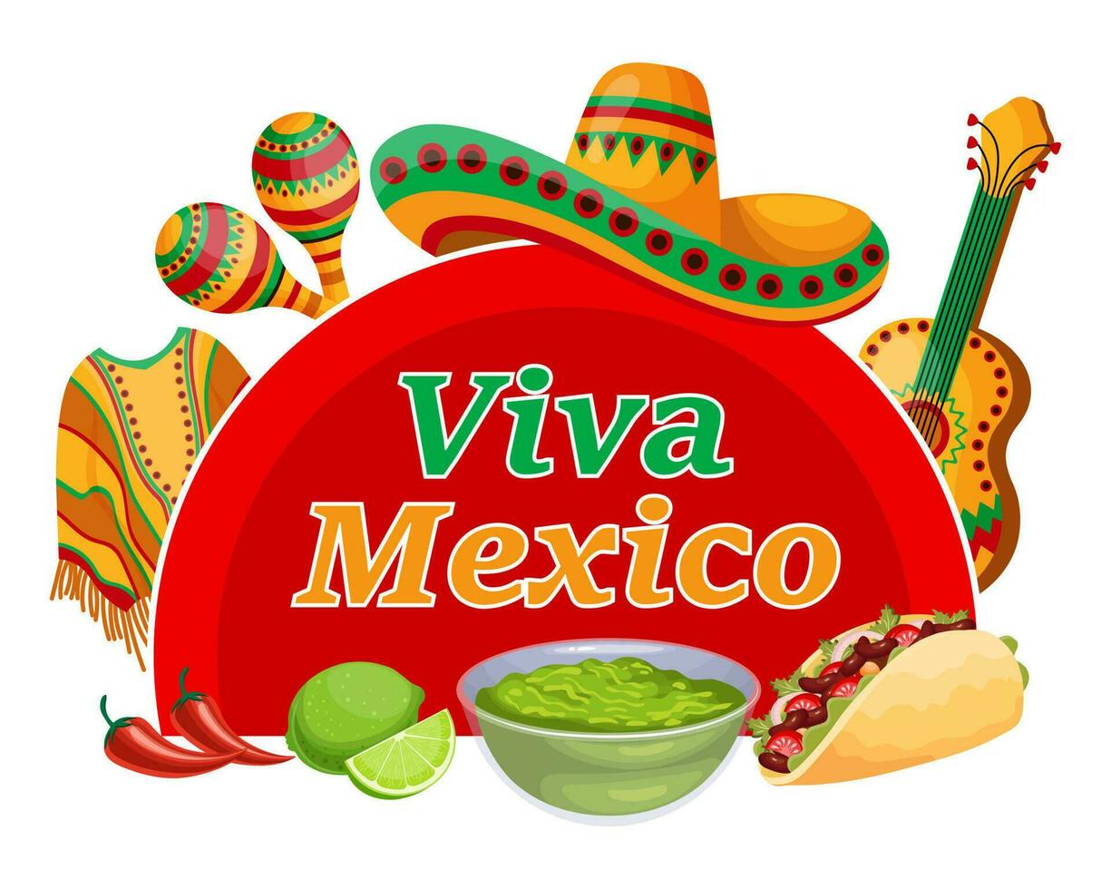 Viva Mexico colorful banner with symbols of Mexico, tacos, ponchos, guitar, sombrero and maracas. Illustration, poster, vector