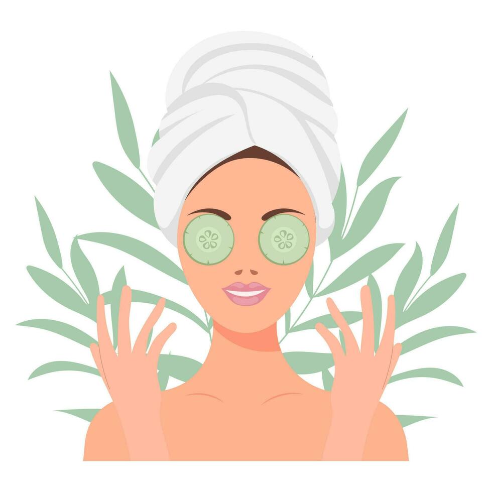 facial piel cuidado. un mujer toma cuidado de su piel. cosmético mascaras, parches, crema, loción, jabón, cara maleza. ilustración, vector