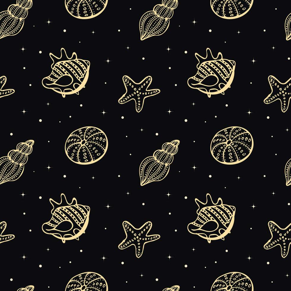 Seamless pattern of golden sea shells and seahorses on a black background with stars. Mystical background, textile, vector
