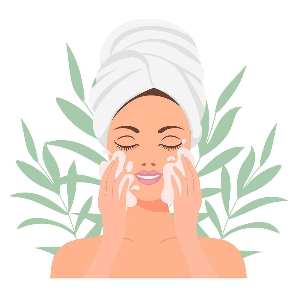 Facial skin care. A woman takes care of her skin. Cosmetic masks, patches, cream, lotion, soap, face scrub. Illustration, vector