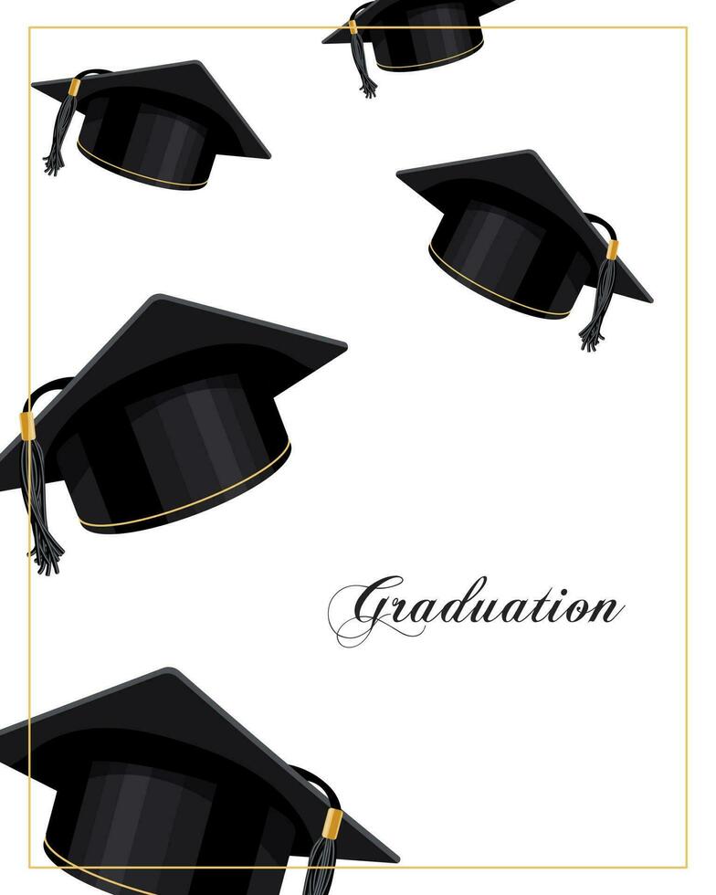 Graduation banner with flying graduation caps. Design for graduate diploma, awards. Education concept. Vector