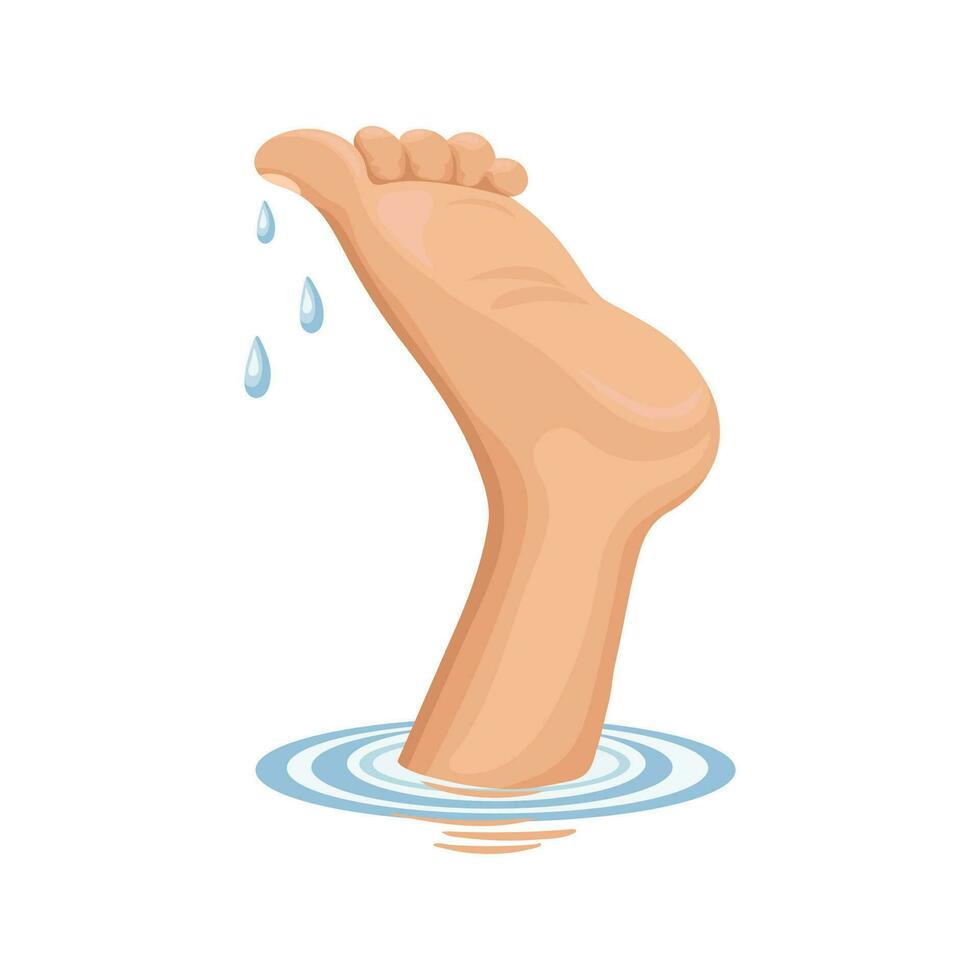 Human leg sticks out of the water and drops of water. Cartoon illustration, print, vector