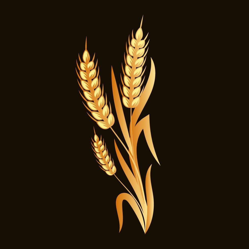 Spikelets of wheat, rye, barley. Golden badge on black background, elegant design, vector