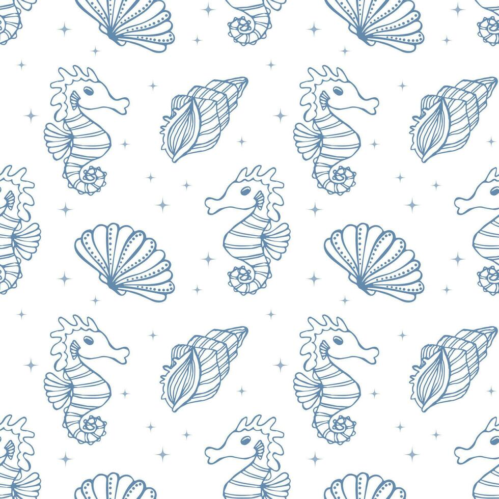 Seamless pattern with contour blue shells and seahorses on a white background. Marine background, textile, vector