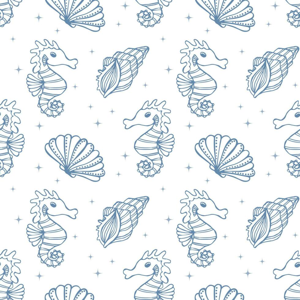 Seamless pattern with contour blue shells and seahorses on a white background. Marine background, textile, vector