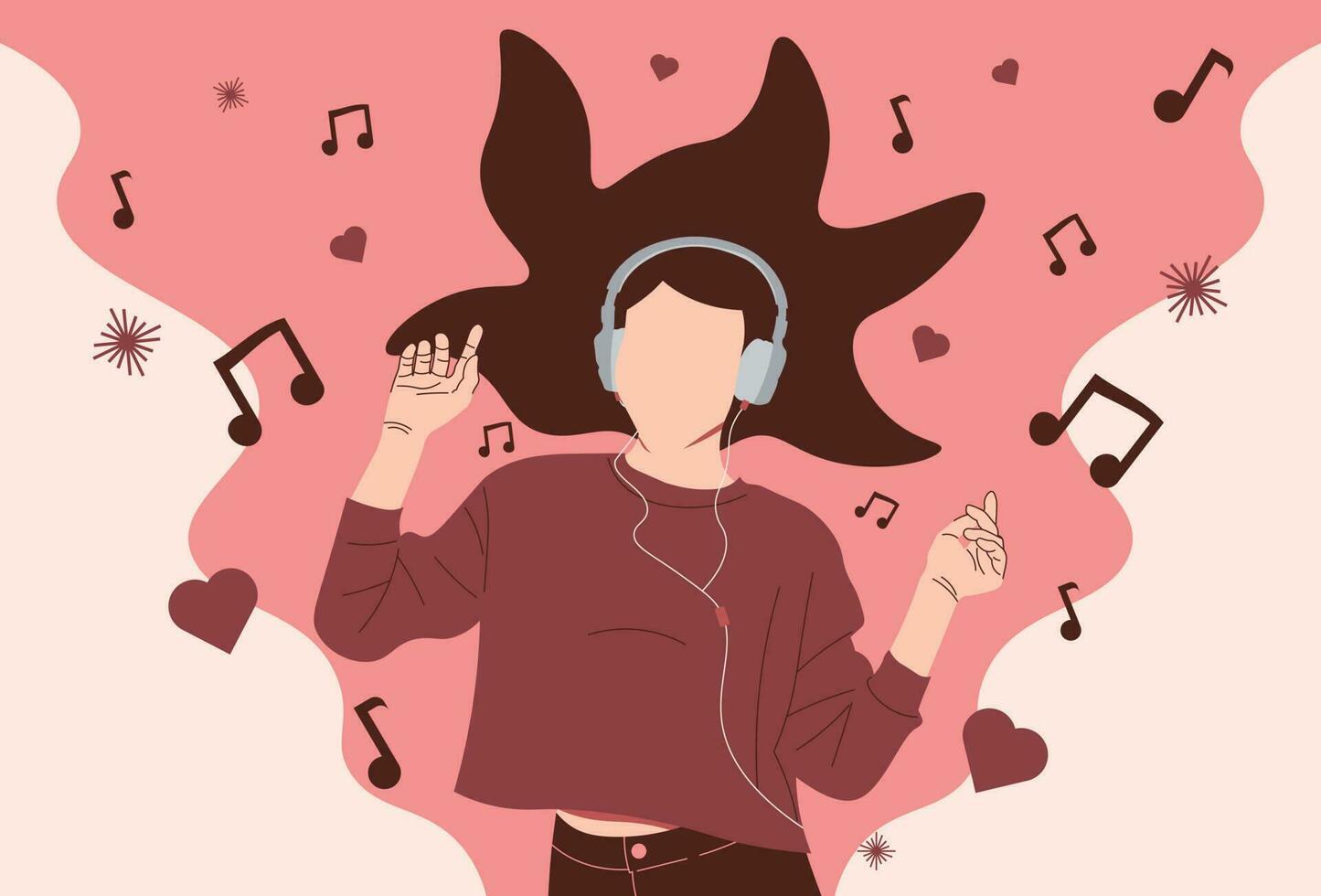 adolescente mujer escuchando el música con auricular plano personaje 2 vector