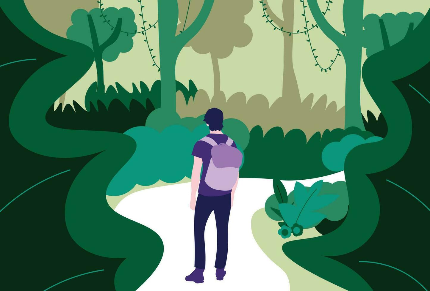 Man Traveling into the wild forest flat character vector