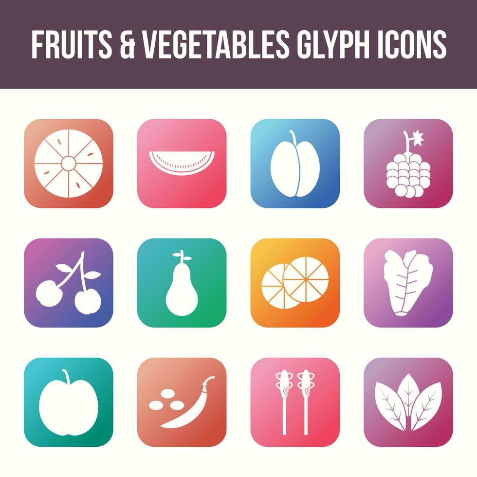 Unique fruits and vegetables vector glyph icon set