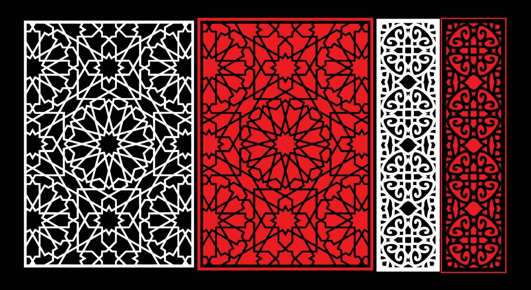 Decorative wall panels set Jali design CNC pattern, laser cutting pattern, router CNCcutting.Jali Laser cut decorative panel set with lace pattern. vector