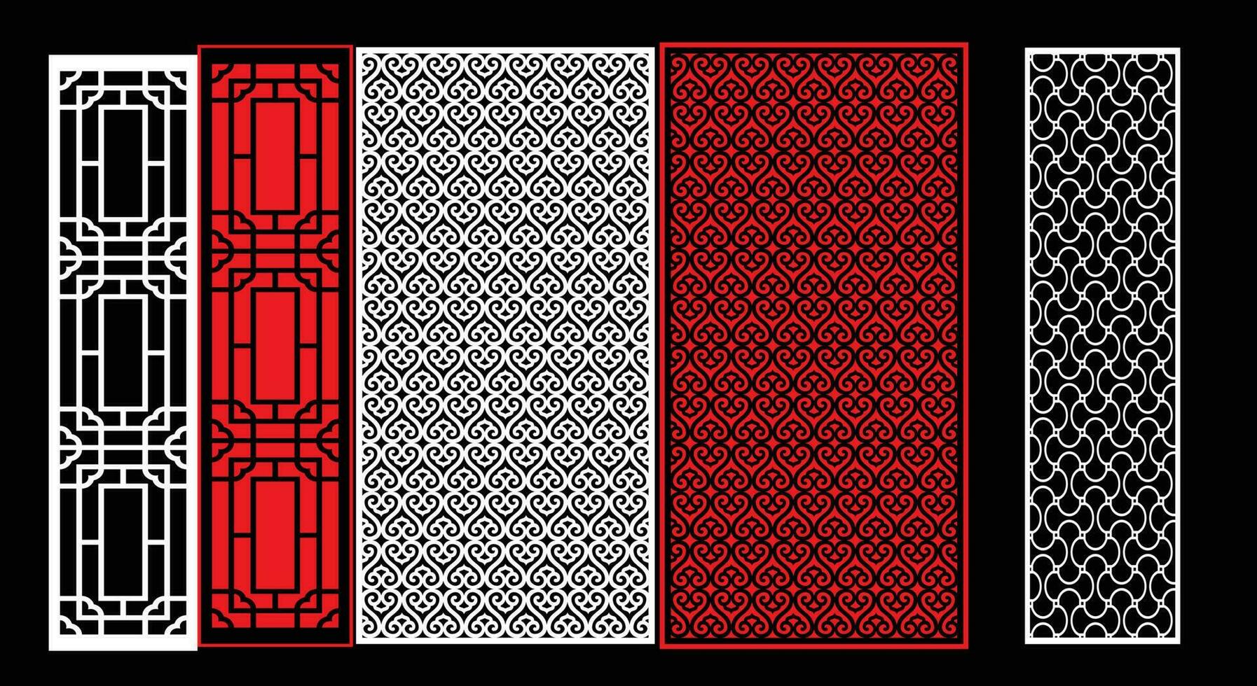 Decorative wall panels set Jali design CNC pattern, laser cutting pattern, router CNCcutting.Jali Laser cut decorative panel set with lace pattern. vector