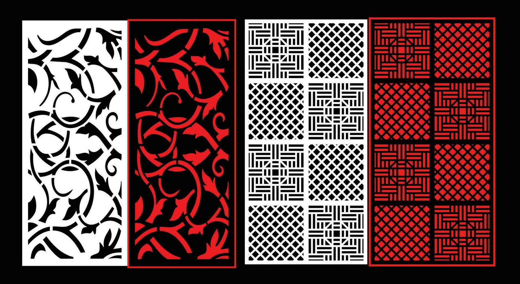 Decorative wall panels set Jali design CNC pattern, laser cutting pattern, router CNCcutting.Jali Laser cut decorative panel set with lace pattern. vector