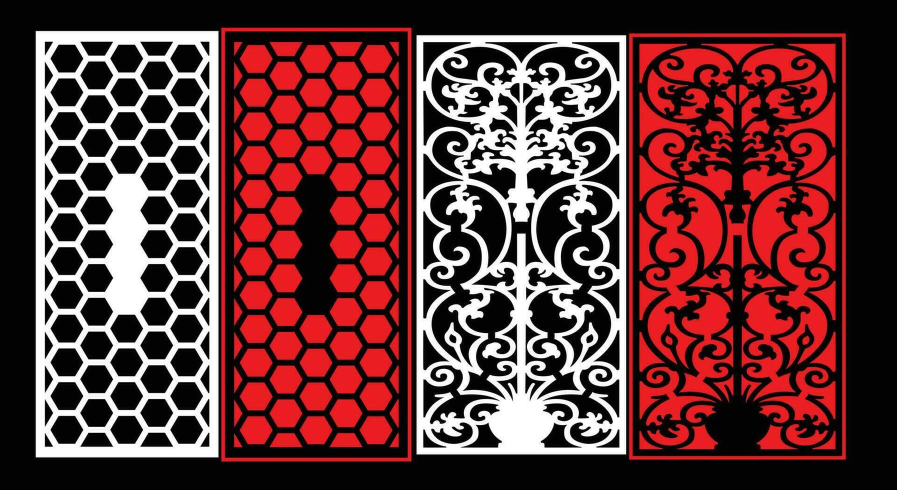 Decorative wall panels set Jali design CNC pattern, laser cutting pattern, router CNCcutting.Jali Laser cut decorative panel set with lace pattern. vector