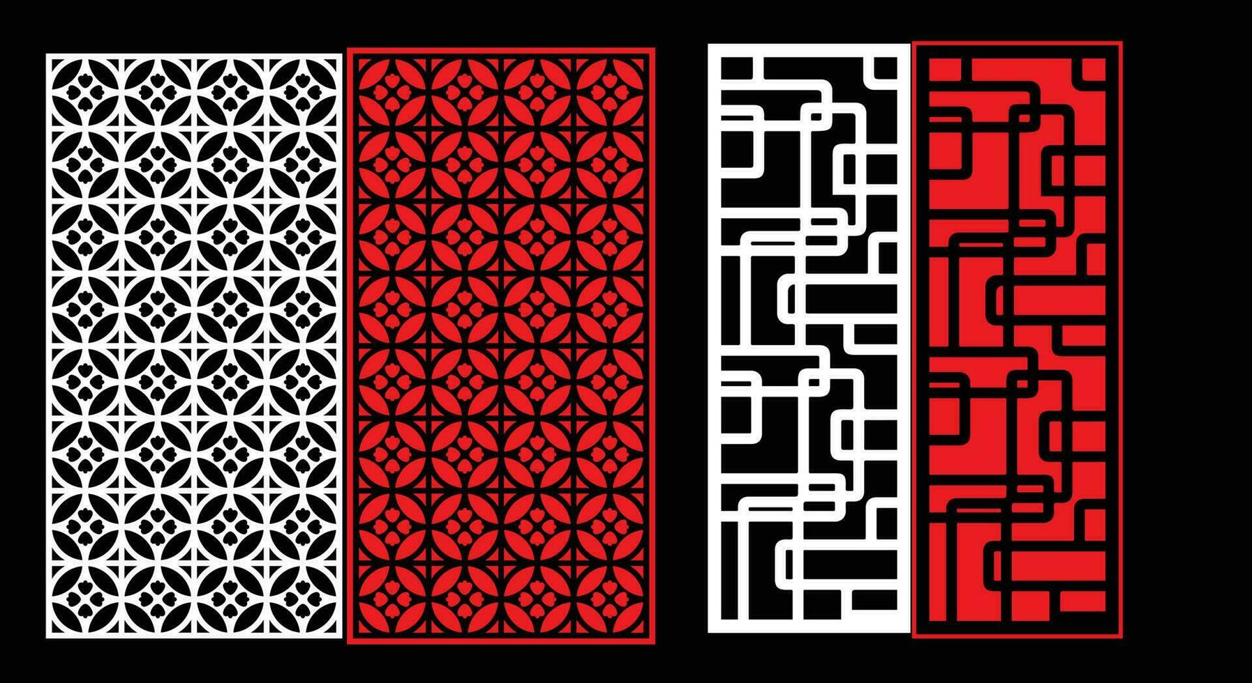 Decorative wall panels set Jali design CNC pattern, laser cutting pattern, router CNCcutting.Jali Laser cut decorative panel set with lace pattern. vector