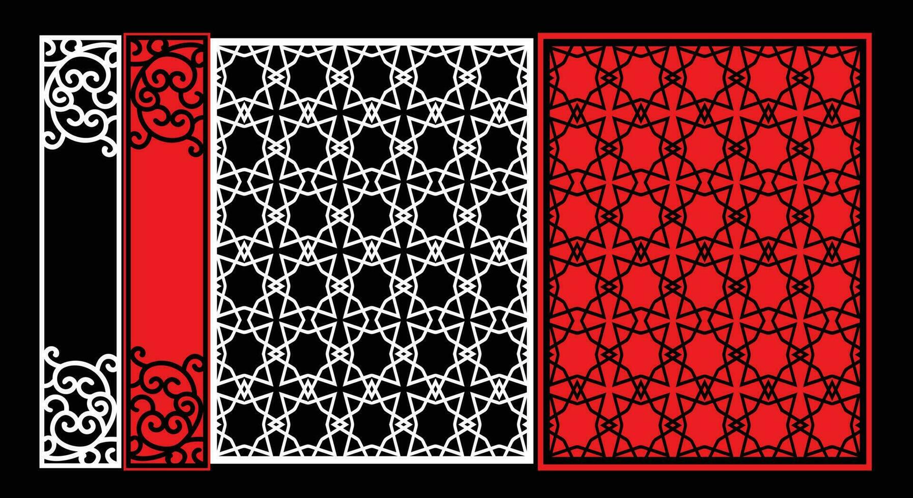 Decorative wall panels set Jali design CNC pattern, laser cutting pattern, router CNCcutting.Jali Laser cut decorative panel set with lace pattern. vector