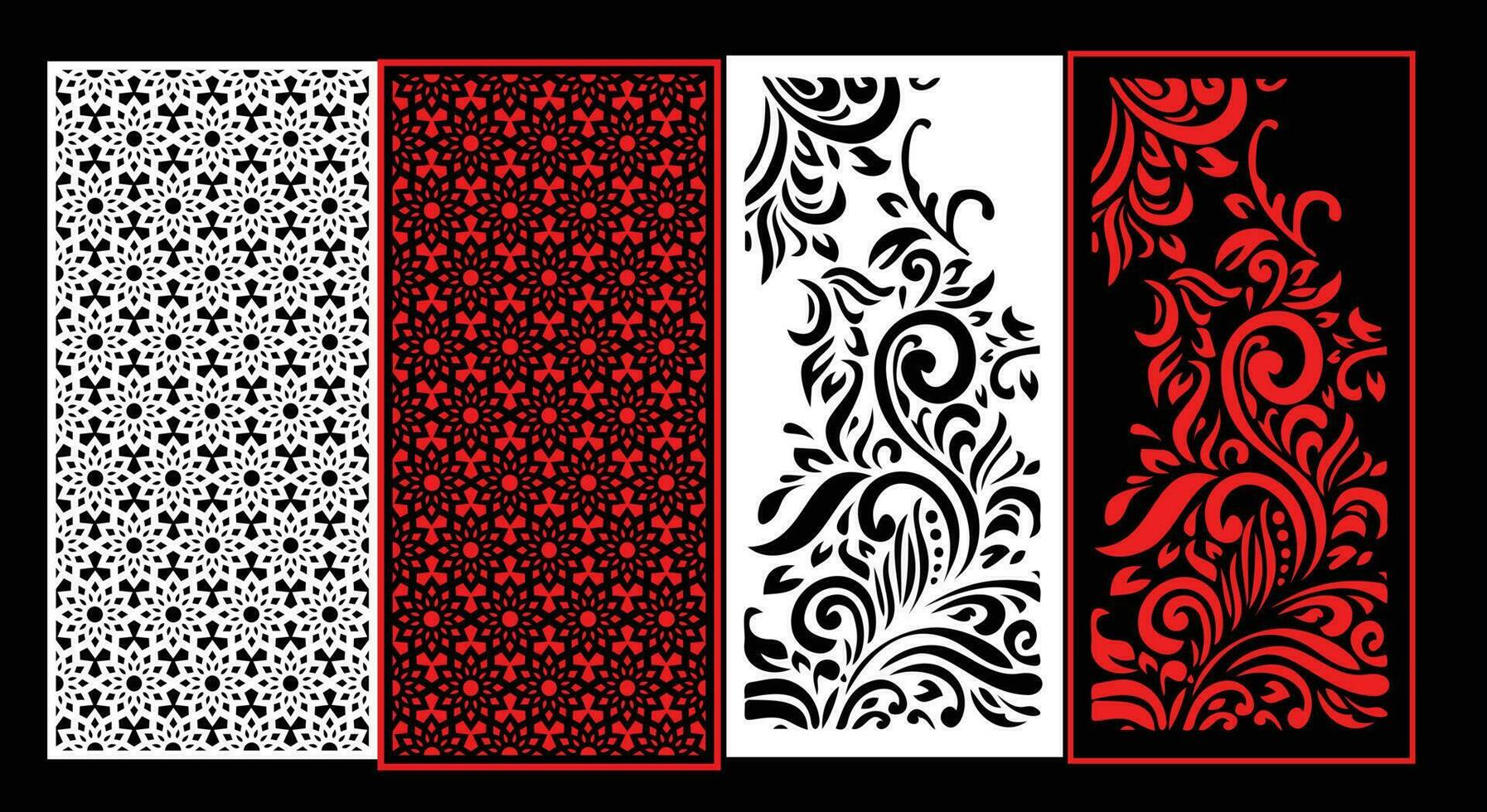 Decorative wall panels set Jali design CNC pattern, laser cutting pattern, router CNCcutting.Jali Laser cut decorative panel set with lace pattern. vector